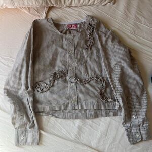 Women's Reworked Cropped Gingham Blouse with Ruffle Details